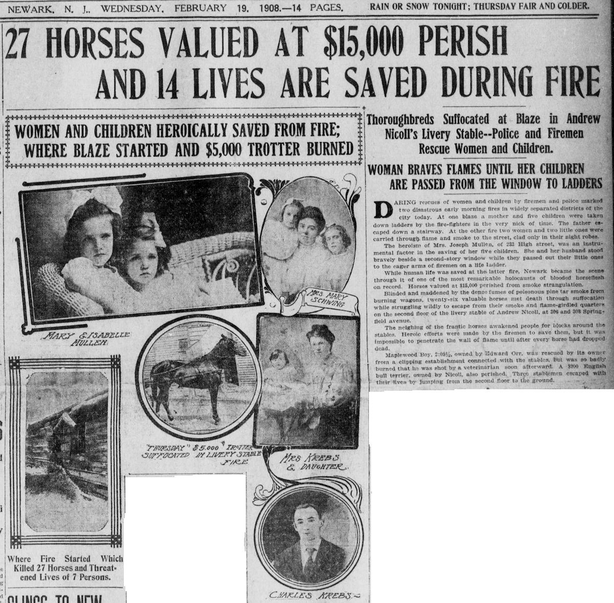 27 HOrses Valued at $15,000 Perish and 14 Lives are Saved During Fire 
February 19, 1908
Newark Star
