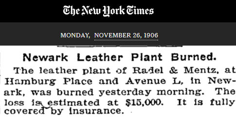 Newark Leather PLant Burned
November 26, 1906
New York Times
