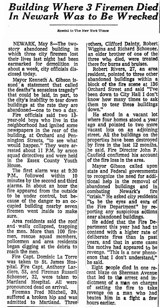 Building Where 3 Firemen Died In Newark Was to Be Wrecked
May 9, 1972
New York Times
