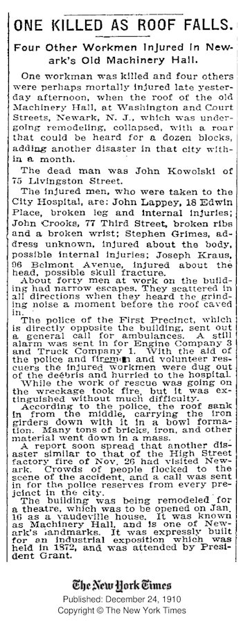 One Killed as Roof Falls
December 24, 1910
