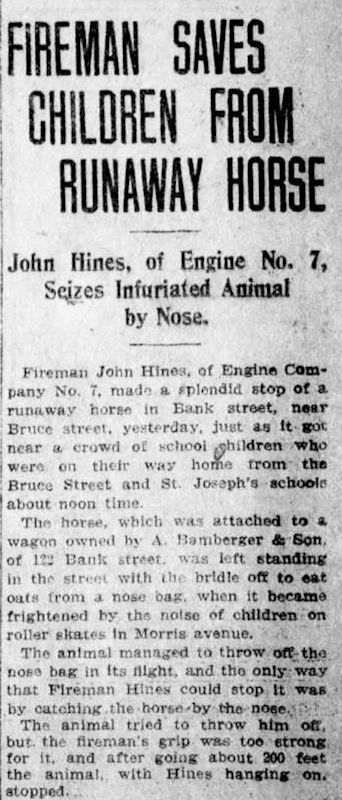 Fireman Saves Children from Runaway Horse
Newark Star 1909
