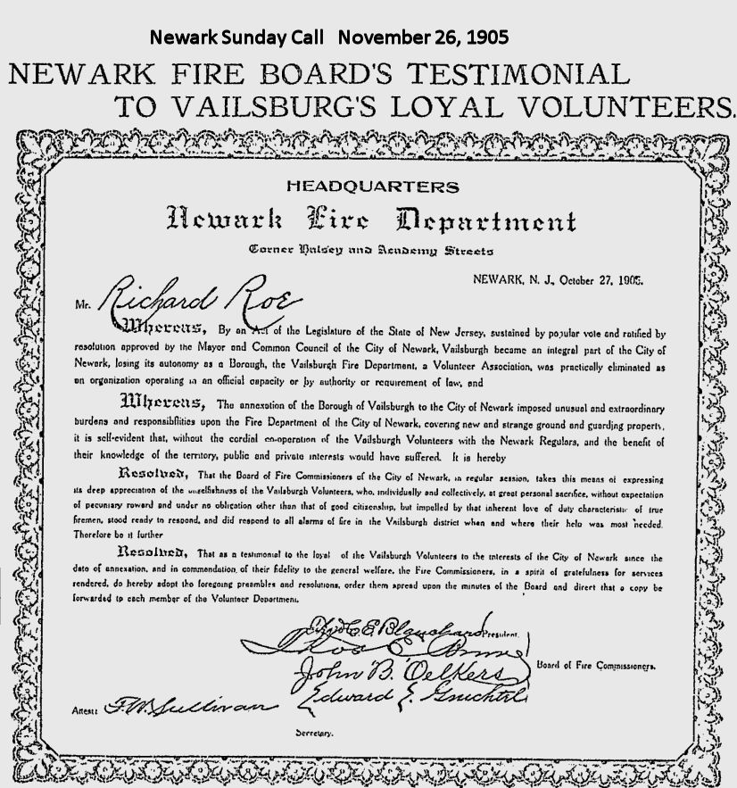 Newark Fire Board's Testimonial to Vailsburg's Loyal Volunteers
November 26, 1905
