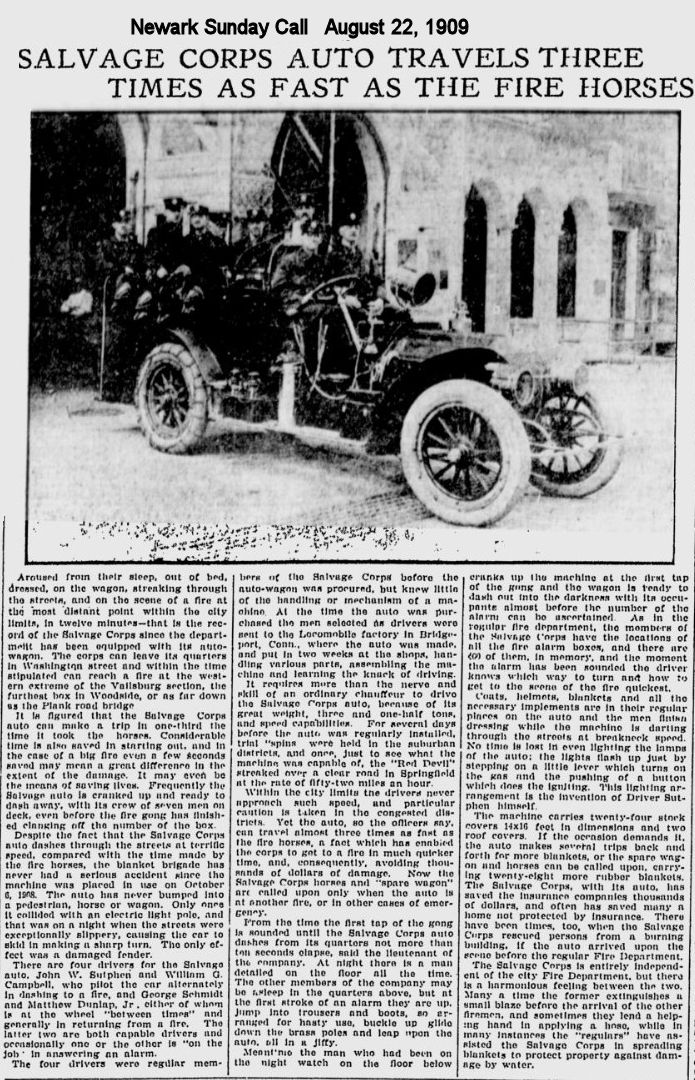 Salvage Corps Auto Travels Three Times as Fast as the Fire Horses
August 22, 1909
